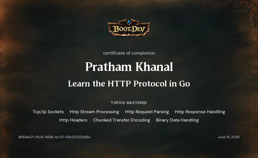 Pratham Khanal's Boot.dev Learn the HTTP Protocol in Go certificate