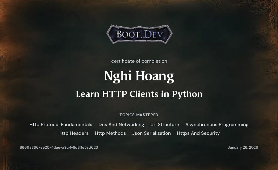Nghi Hoang's Boot.dev Learn HTTP Clients in Python certificate