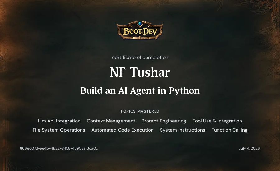 NF Tushar's Boot.dev Build an AI Agent in Python certificate