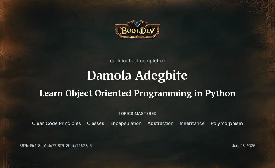 Damola Adegbite's Boot.dev Learn Object Oriented Programming in Python certificate