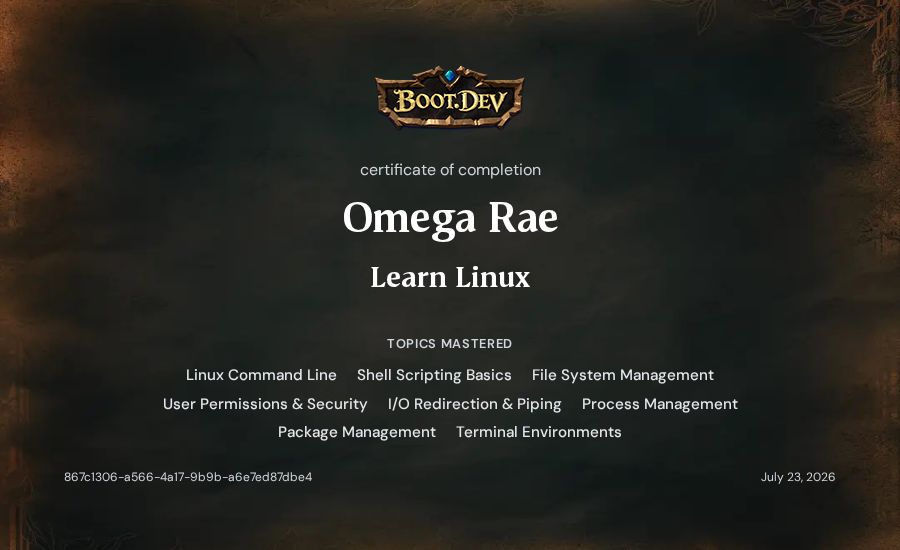 Omega Rae's Boot.dev Learn Linux certificate