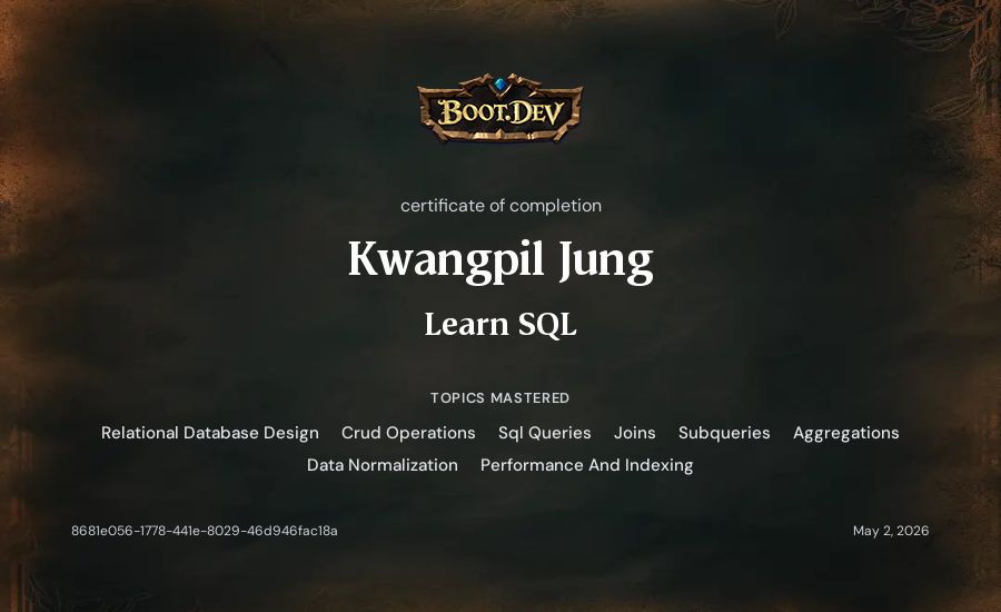 Kwangpil Jung's Boot.dev Learn SQL certificate
