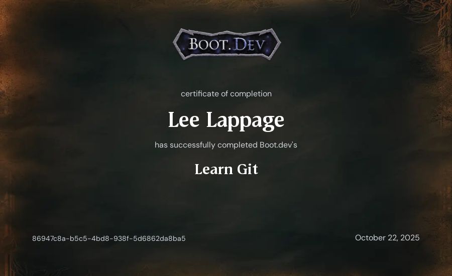 Lee Lappage's Boot.dev Learn Git certificate