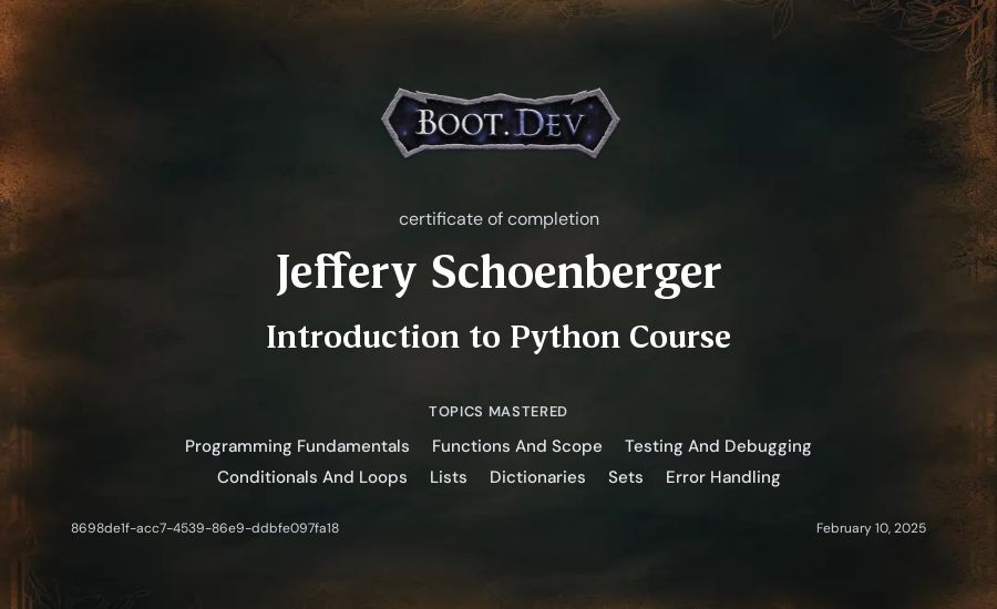 Jeff Schoenberger's Boot.dev Introduction to Python Course certificate
