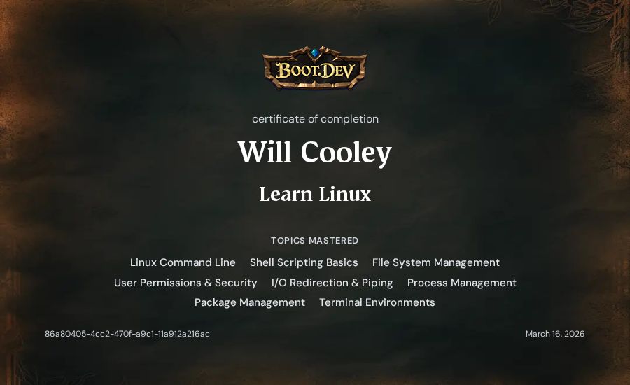 Will Cooley's Boot.dev Learn Linux certificate