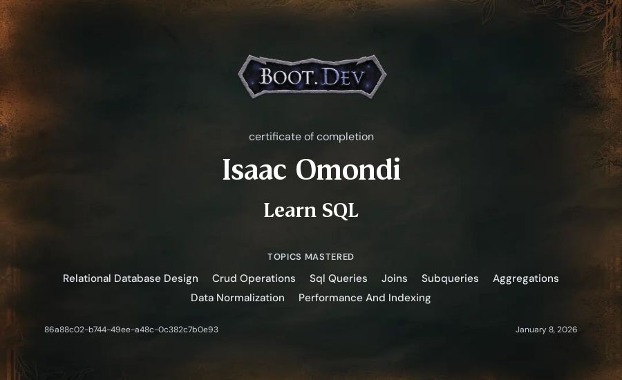 Isaac Omondi's Boot.dev Learn SQL certificate