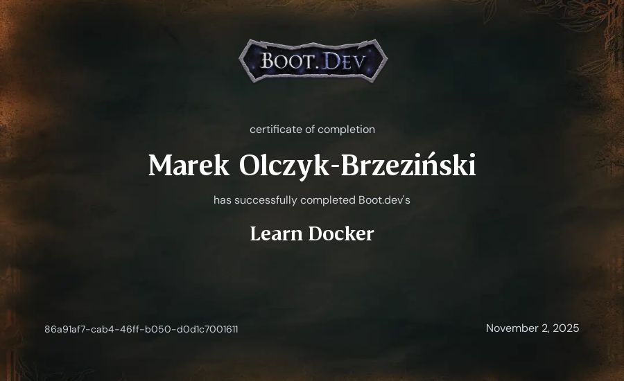Marek Olczyk-Brzeziński's Boot.dev Learn Docker certificate