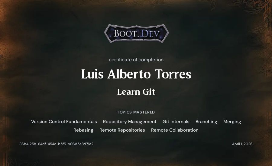 Luis Alberto Torres's Boot.dev Learn Git certificate