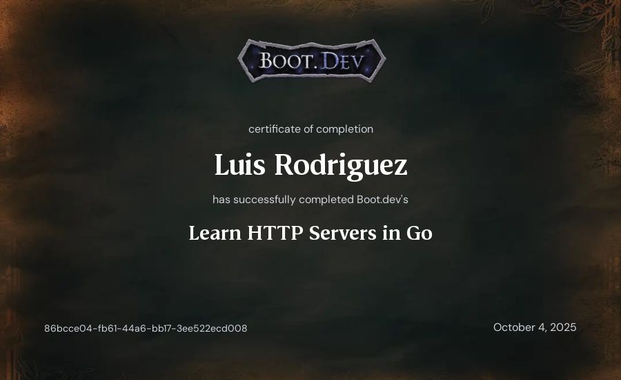 Luis Rodriguez's Boot.dev Learn HTTP Servers in Go certificate