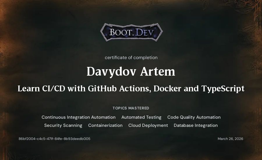 Davydov Artem's Boot.dev Learn CI/CD with GitHub Actions, Docker and TypeScript certificate