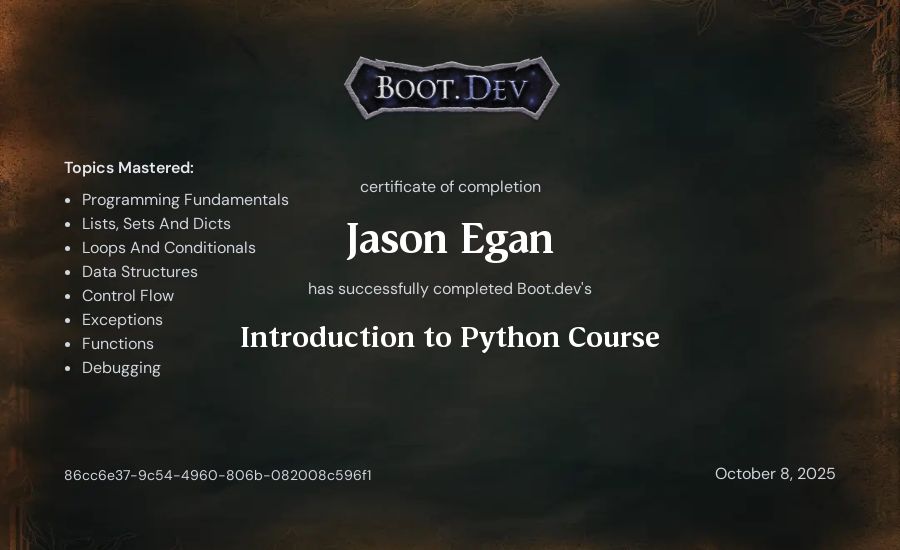 Jason Egan's Boot.dev Introduction to Python Course certificate