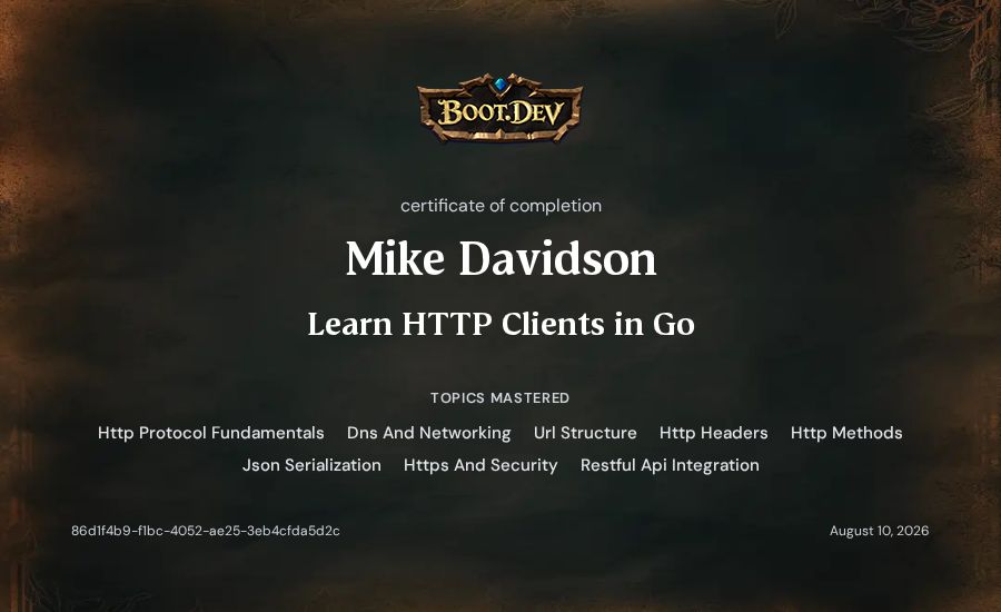Mike Davidson's Boot.dev Learn HTTP Clients in Go certificate