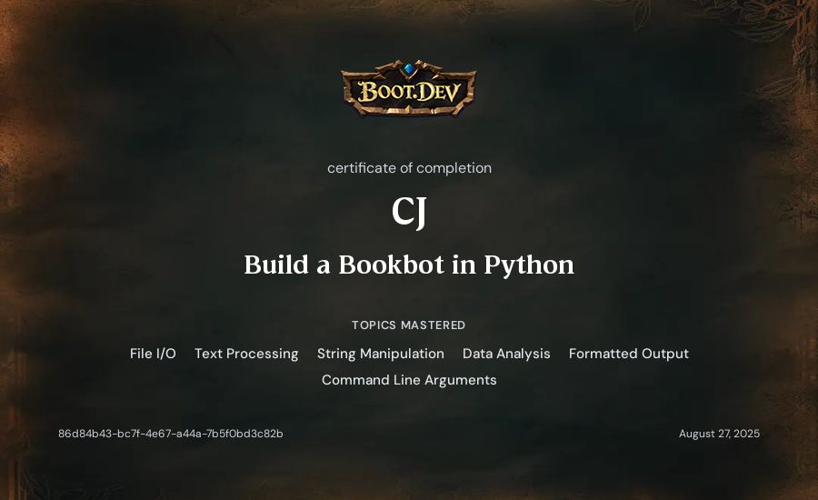 CJ's Boot.dev Build a BookBot in Python certificate
