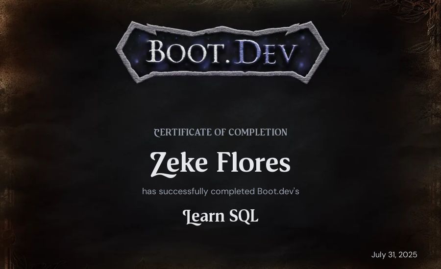 Zeke F's Boot.dev Learn SQL certificate