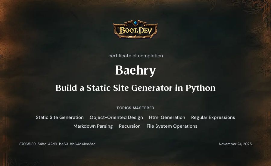 Baehry's Boot.dev Build a Static Site Generator in Python certificate
