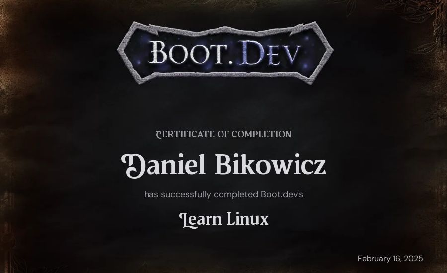 Daniel Bikowicz's Boot.dev Learn Linux certificate