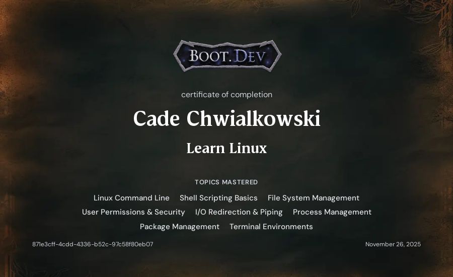Cade Chwialkowski's Boot.dev Learn Linux certificate