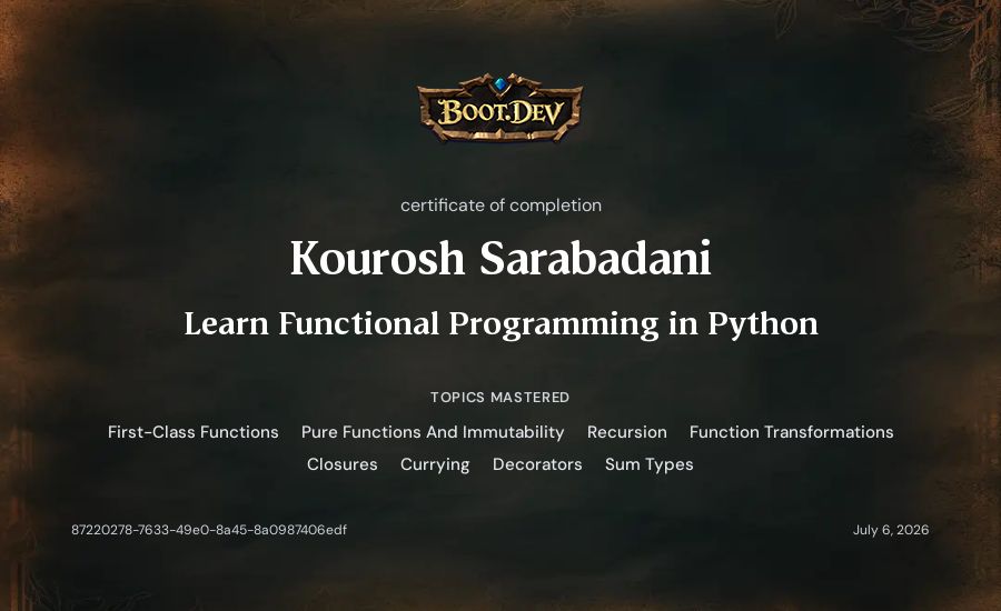 Kourosh Sarabadani's Boot.dev Learn Functional Programming in Python certificate