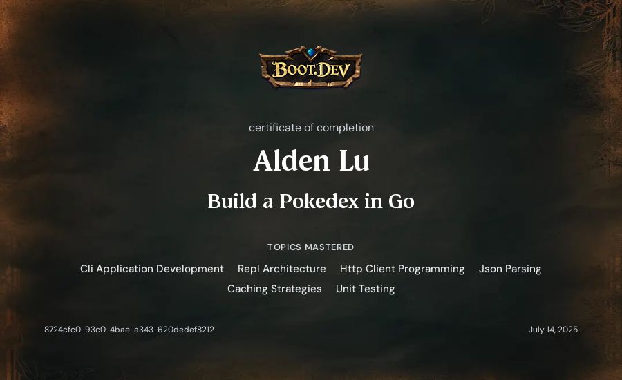 Alden Lu's Boot.dev Build a Pokedex in Go certificate