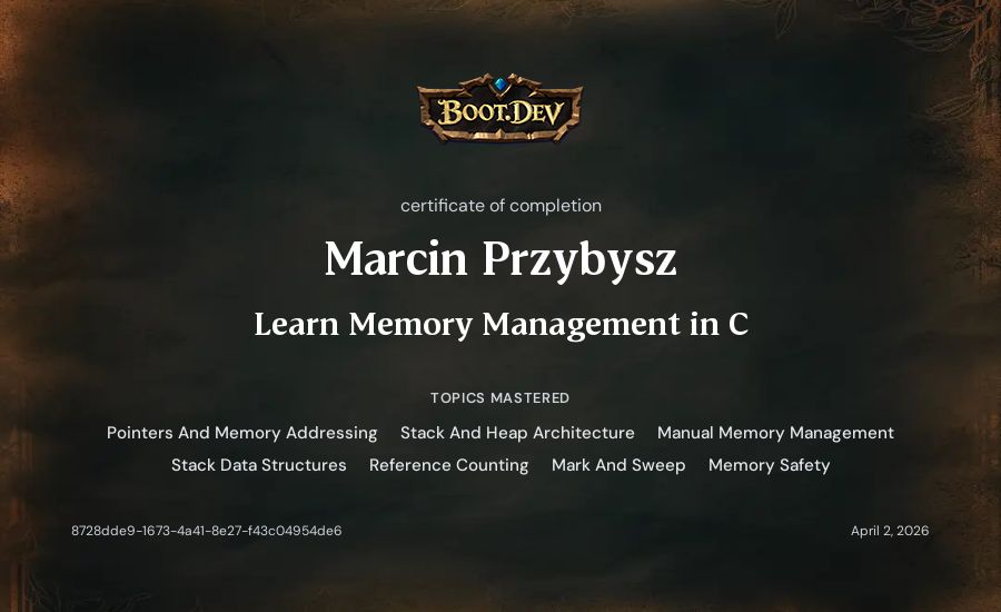 Marcin Przybysz's Boot.dev Learn Memory Management in C certificate