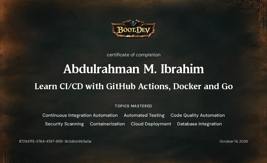 Abdulrahman M. Ibrahim's Boot.dev Learn CI/CD with GitHub Actions, Docker and Go certificate