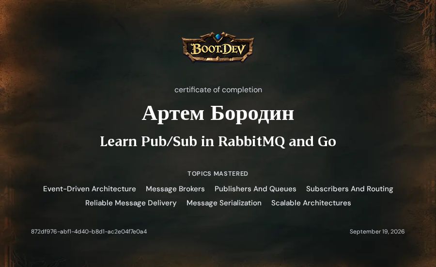 Артем Бородин's Boot.dev Learn Pub/Sub in RabbitMQ and Go certificate