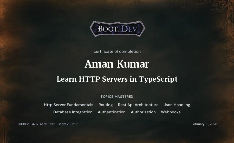 Aman Kumar's Boot.dev Learn HTTP Servers in TypeScript certificate