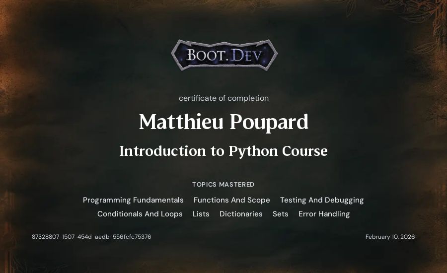 Matthieu Poupard's Boot.dev Introduction to Python Course certificate