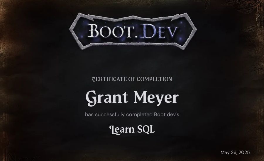 Grant Meyer's Boot.dev Learn SQL certificate