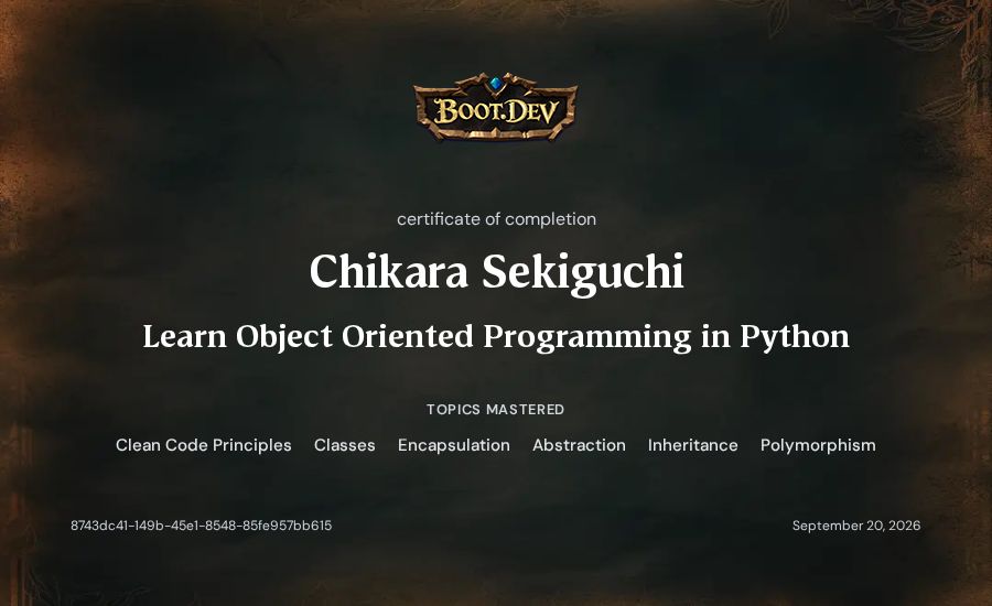Chikara Sekiguchi's Boot.dev Learn Object Oriented Programming in Python certificate