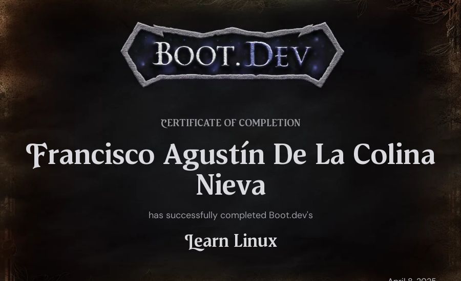 Francisco Agustín De La Colina Nieva's Boot.dev Learn Linux certificate