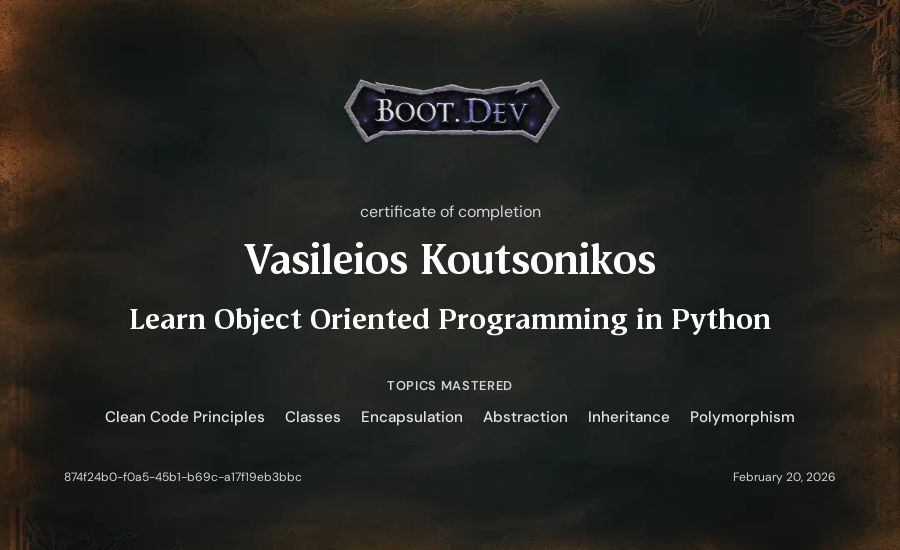 Vasileios Koutsonikos's Boot.dev Learn Object Oriented Programming in Python certificate