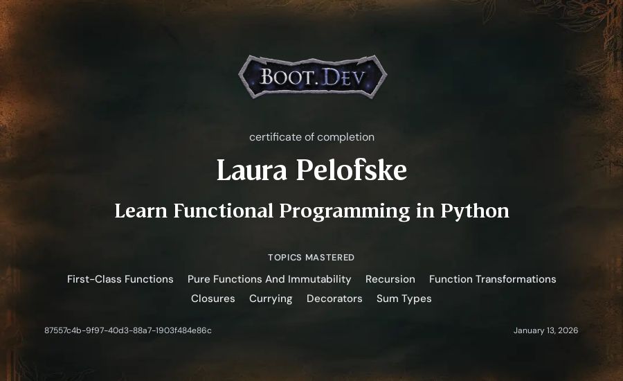 Laura Pelofske's Boot.dev Learn Functional Programming in Python certificate