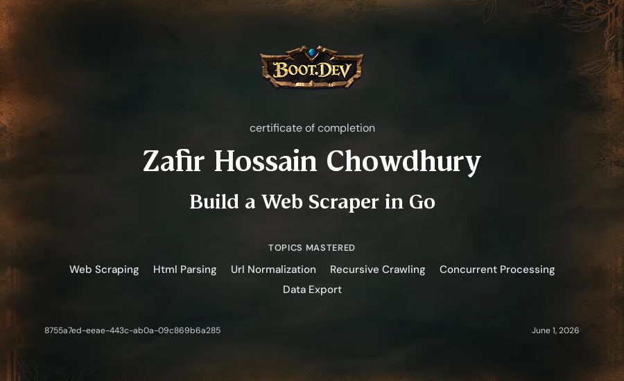 Zafir Hossain Chowdhury's Boot.dev Build a Web Scraper in Go certificate