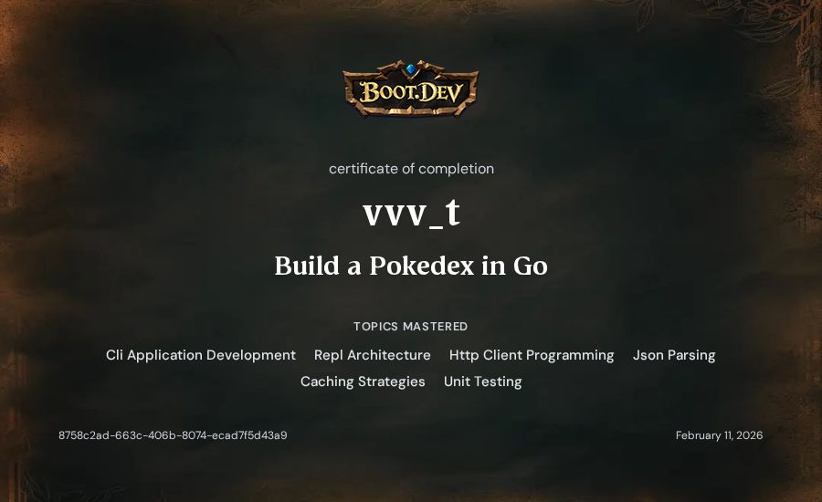 vvv_t's Boot.dev Build a Pokedex in Go certificate