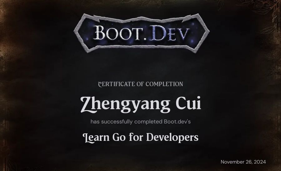 Zhengyang Cui's Boot.dev Learn Go certificate