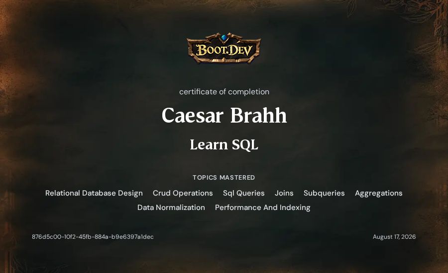 Caesar Brahh's Boot.dev Learn SQL certificate