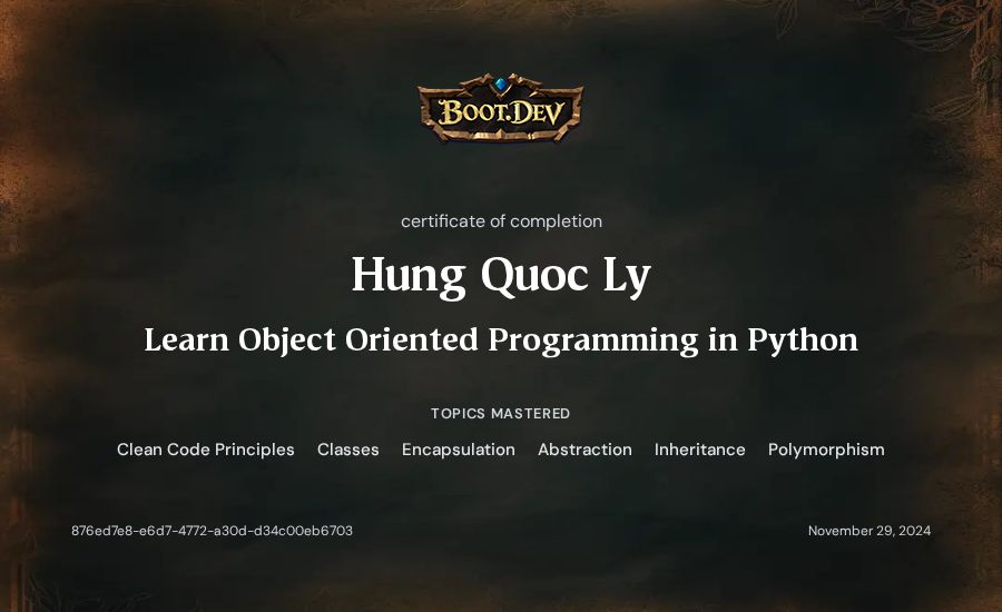 Hung Quoc Ly's Boot.dev Learn Object Oriented Programming in Python certificate