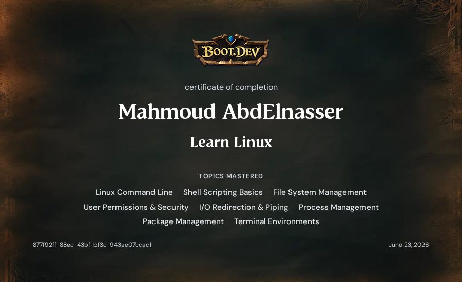 Mahmoud AbdElnasser's Boot.dev Learn Linux certificate