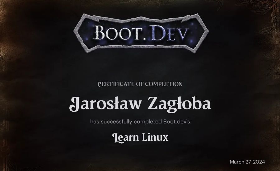 Jarosław Zagłoba's Boot.dev Learn Linux certificate