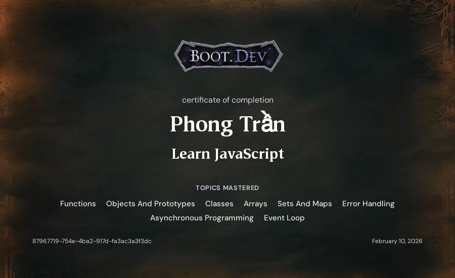 Phong Trần's Boot.dev Learn JavaScript certificate