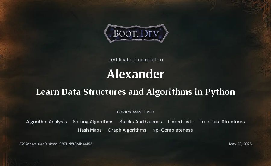 Alexander's Boot.dev Learn Data Structures and Algorithms in Python certificate