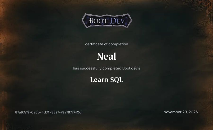 Neal's Boot.dev Learn SQL certificate