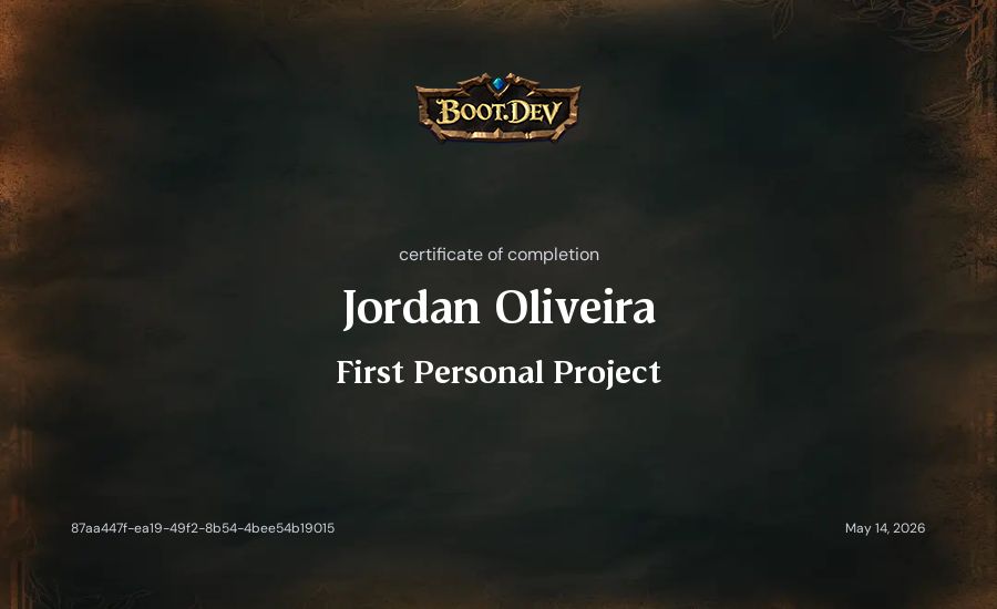 Jordan Oliveira's Boot.dev First Personal Project certificate