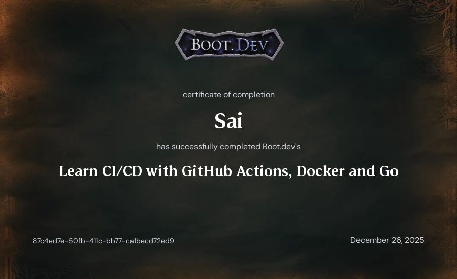 Sai's Boot.dev Learn CI/CD with GitHub Actions, Docker and Go certificate