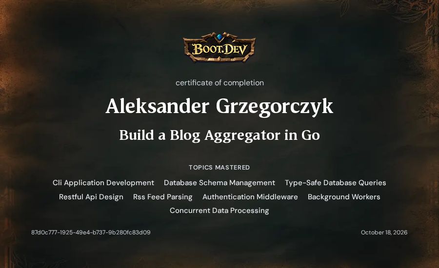 Aleksander Grzegorczyk's Boot.dev Build a Blog Aggregator in Go certificate