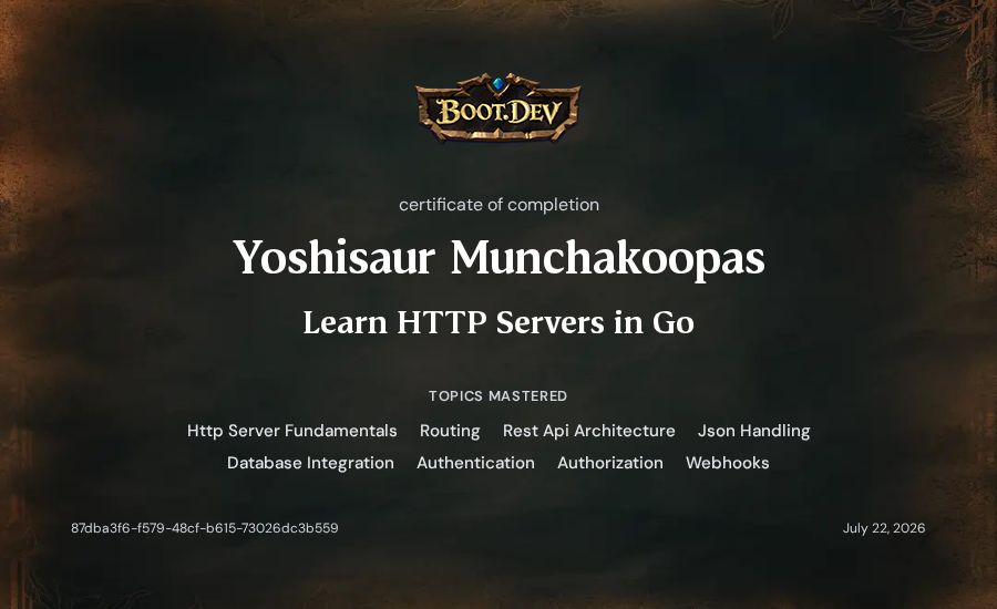 Yoshisaur Munchakoopas's Boot.dev Learn HTTP Servers in Go certificate