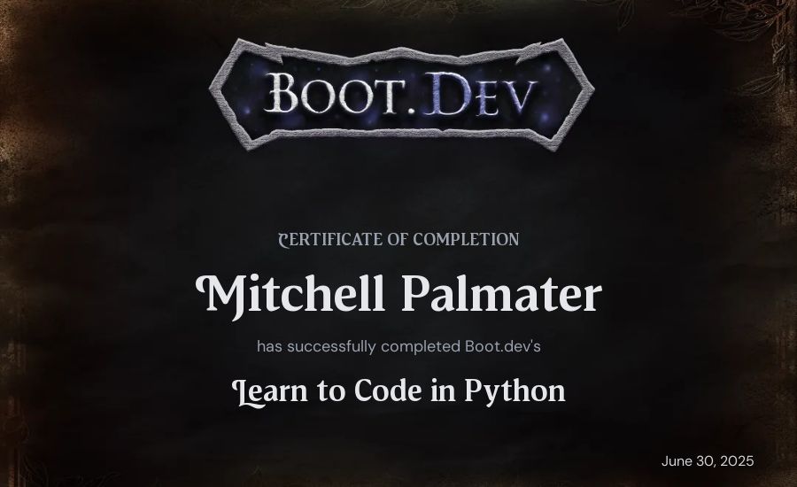 Mitchell Palmater's Boot.dev Introduction to Python Course certificate