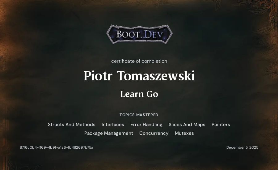 Piotr Tomaszewski's Boot.dev Learn Go certificate
