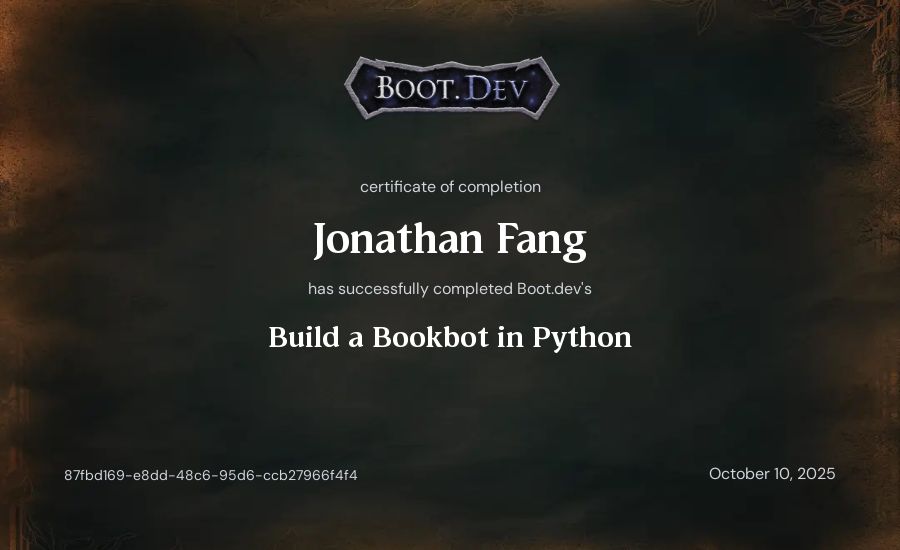 Jonathan Fang's Boot.dev Build a BookBot in Python certificate